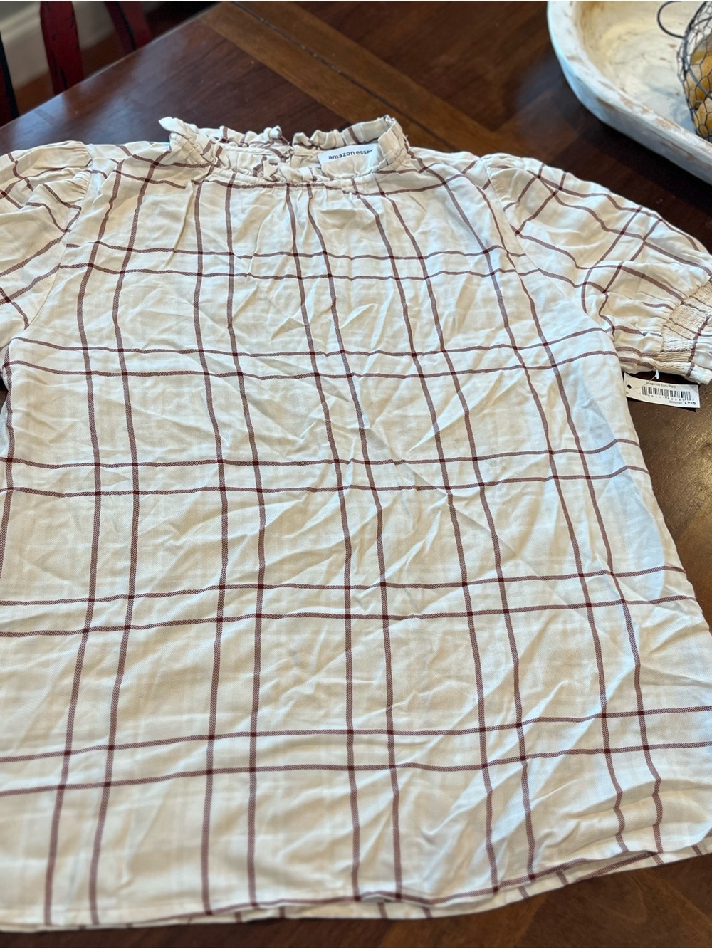 Amazon Cream Plaid Short Sleeve Blouse